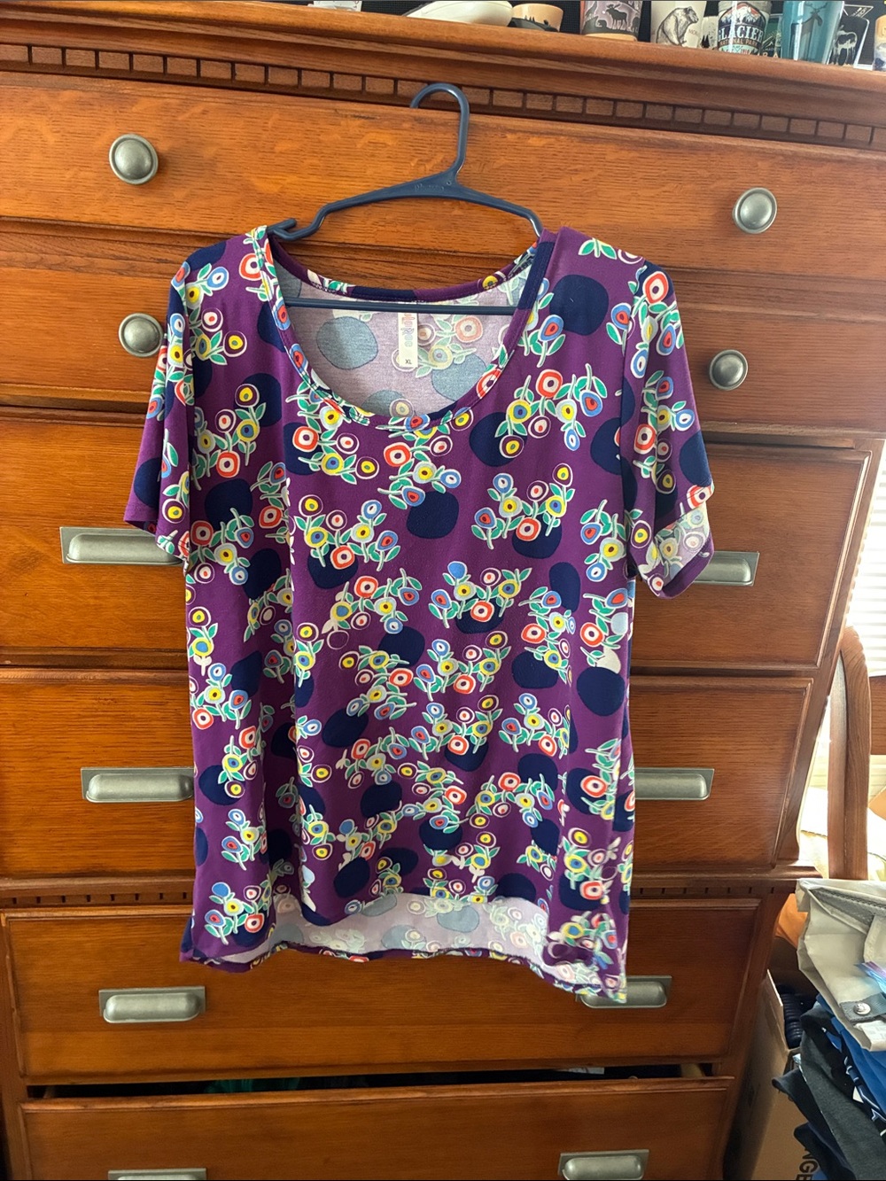 LuLaRoe Purple Floral Dot Scoop Neck Short Sleeve Top